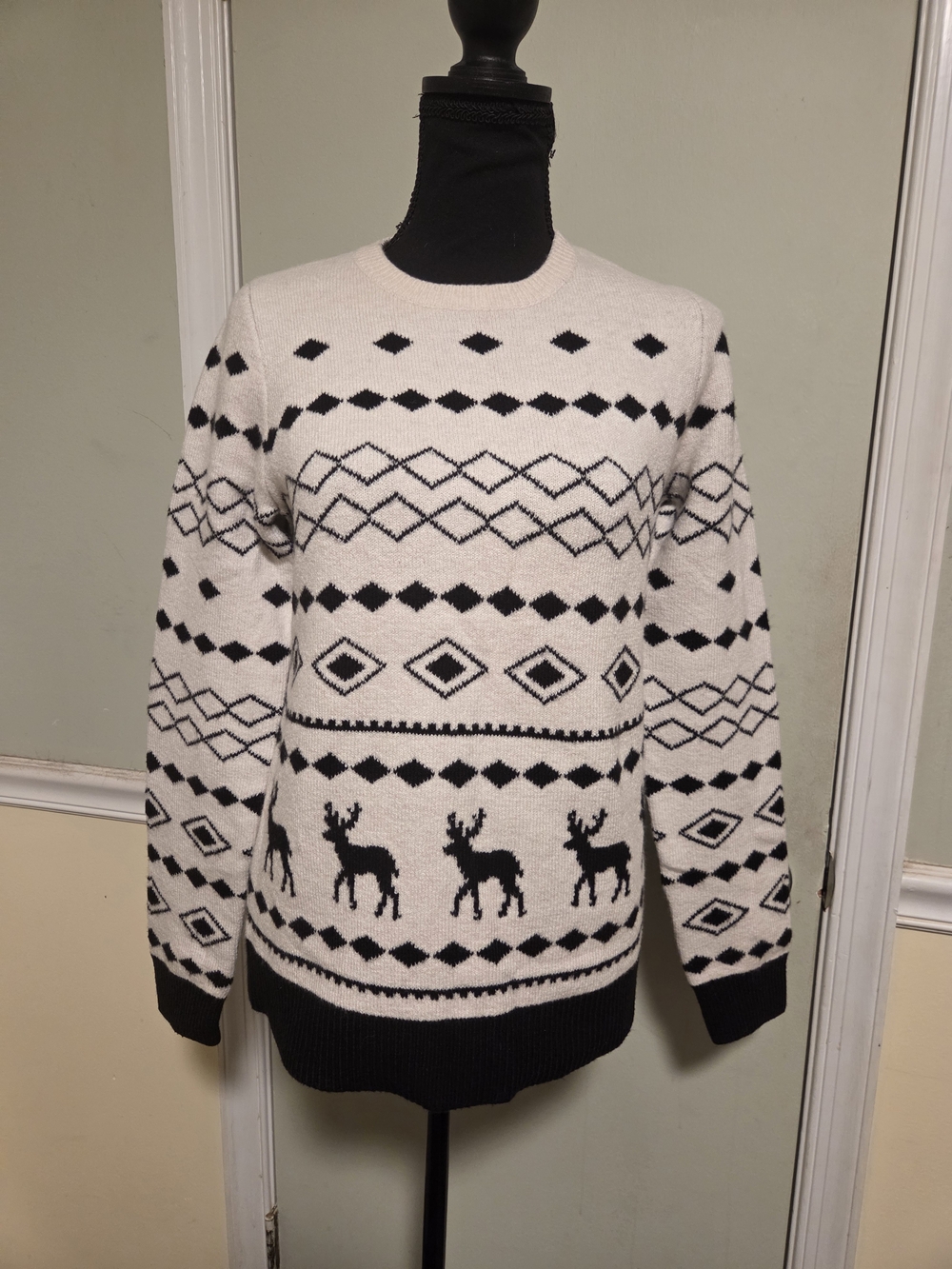 LOFT Black and White Reindeer Crewneck Sweater